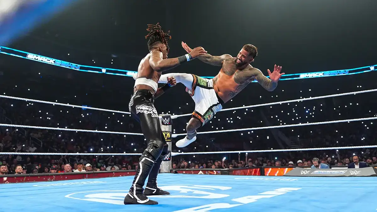 Jey Uso in action against Je'Von Evans at T-Mobile Center in Kansas City, Missouri