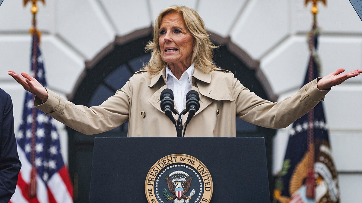 First Lady Jill Biden speaking on the South Lawn of the White House