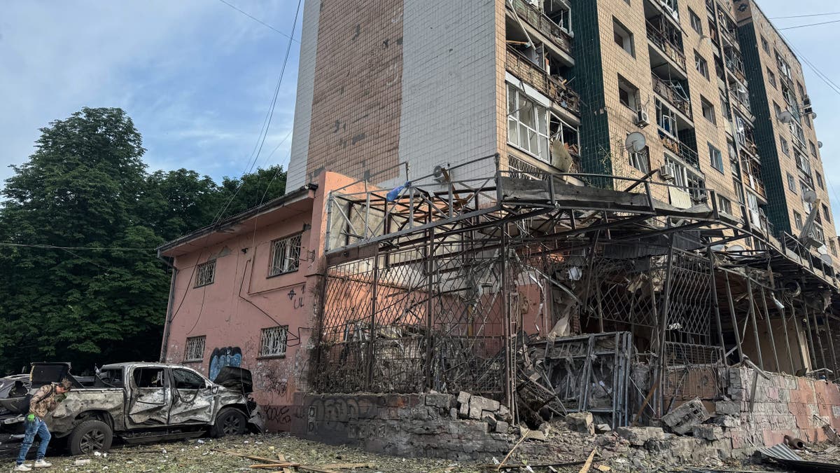 A damaged residential apartment building in Kramatorsk, Ukraine