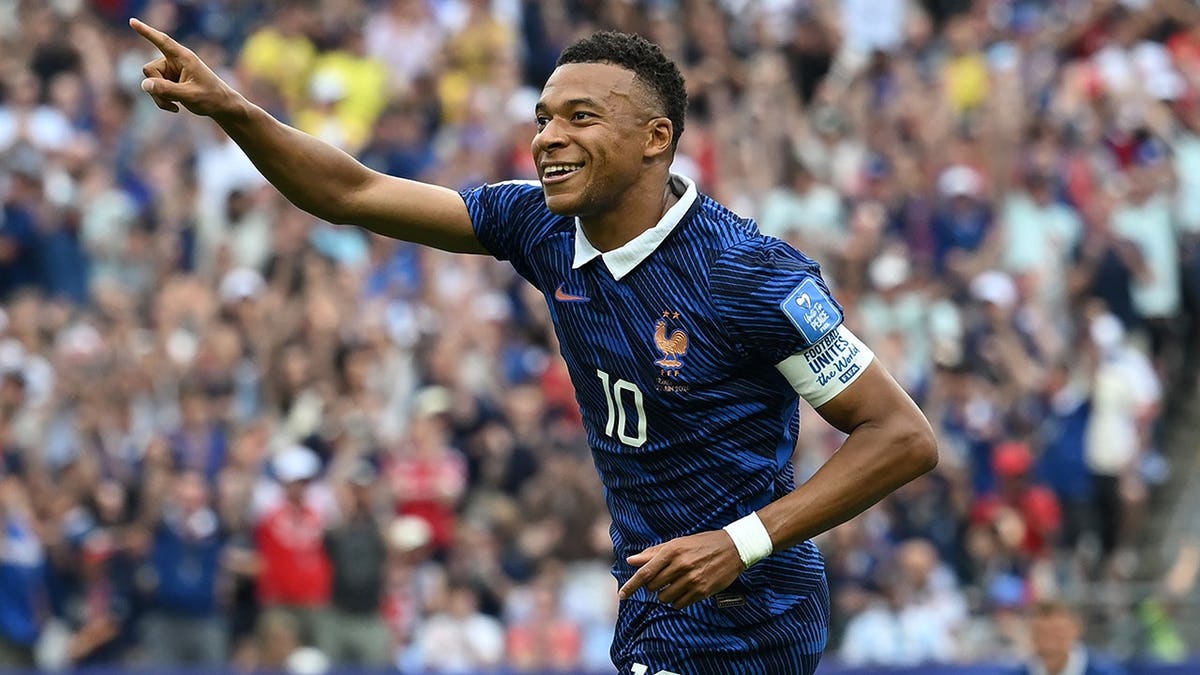 Kylian Mbappe celebrating after scoring a goal during a soccer match in Philadelphia