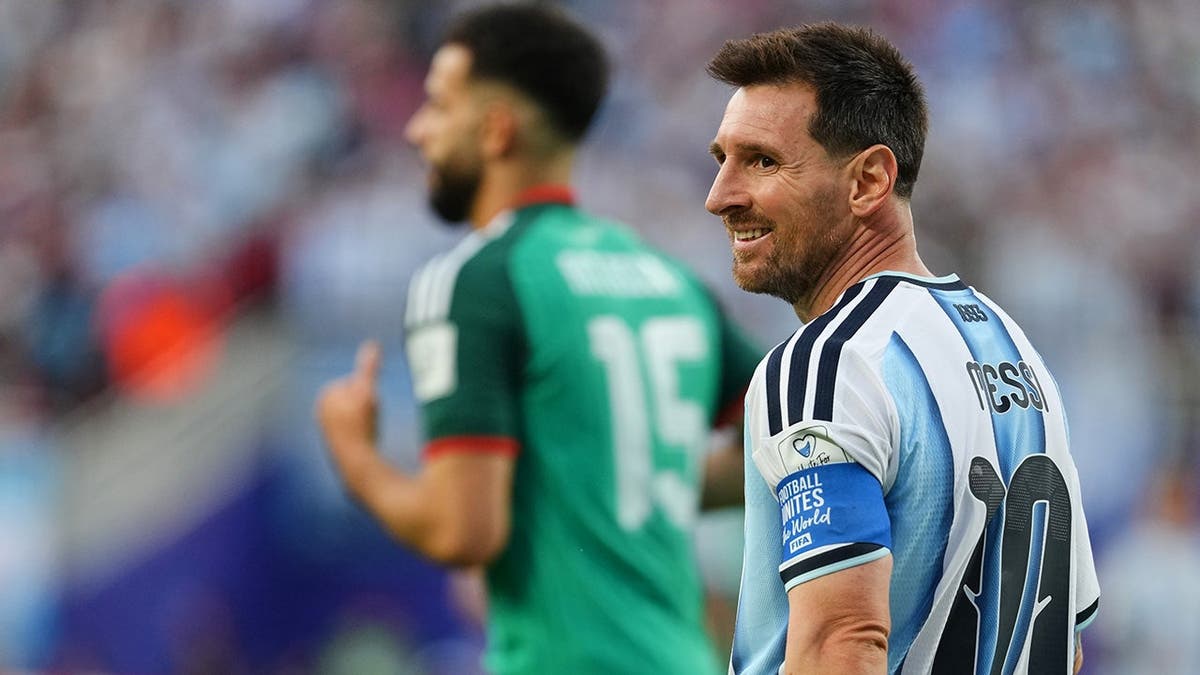 Argentina's Lionel Messi smiling during a World Cup soccer match in Kansas City