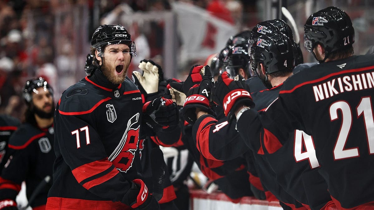Mark Jankowski celebrating a goal during a hockey game at Lenovo Center in Raleigh