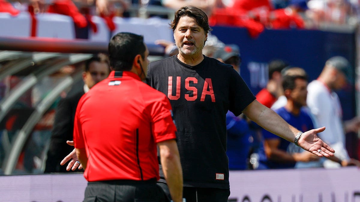 United States Head Coach Mauricio Pochettino reacting to a call with the assistant referee at Soldier Field