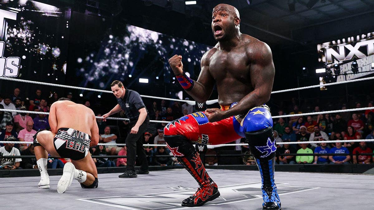 Moose celebrating during NXT at the WWE Performance Center in Orlando, Florida.