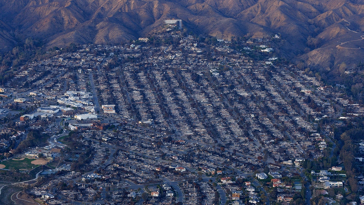 Aerial view of fire damage in Pacific Palisades, California.