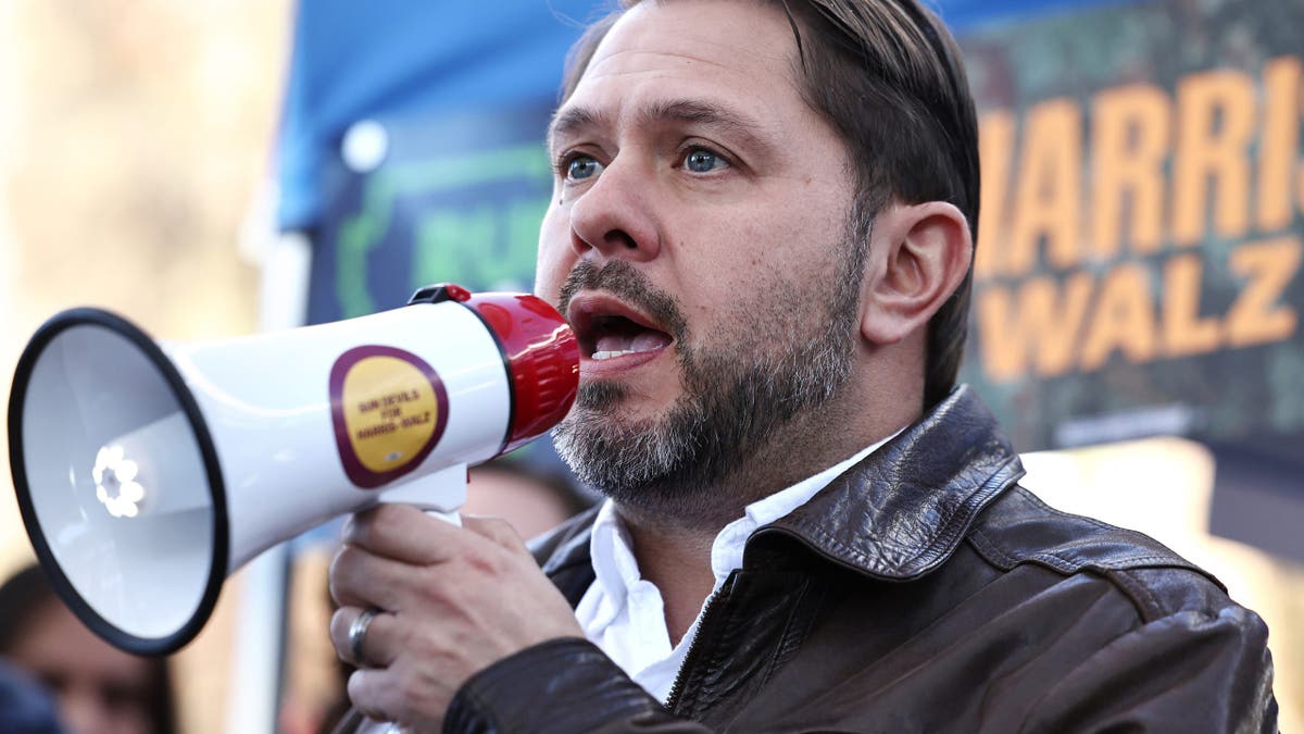U.S. Rep. Ruben Gallego speaking at a bus tour stop at Arizona State University in Tempe, Arizona
