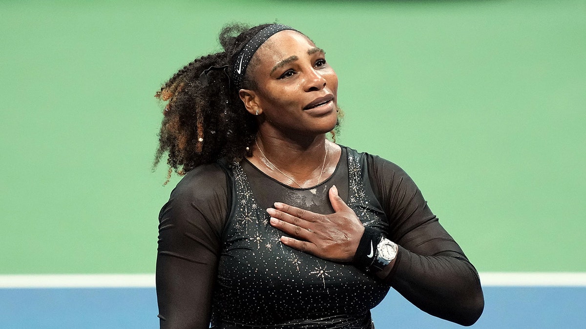 Serena Williams gestures to the crowd at the USTA Billie Jean King Tennis Center in Flushing, New York