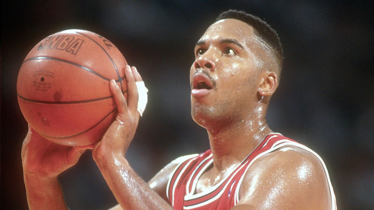 Stacey King shooting a foul shot during an NBA game at the Capital Centre in Landover Maryland