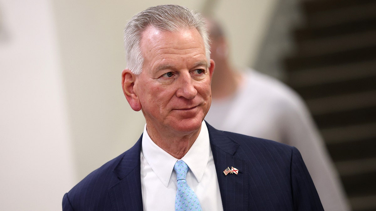 Sen. Tommy Tuberville speaking to reporters outside his office at the U.S. Capitol.