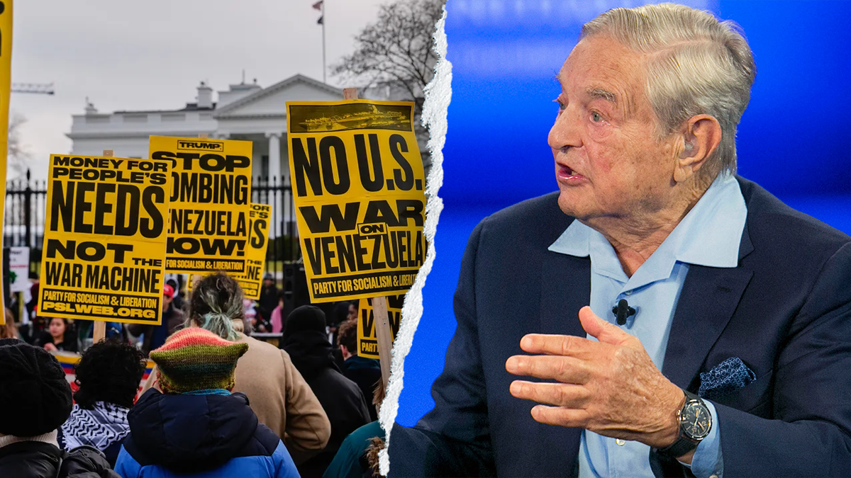 Protestors rally outside the White House in Washington on Jan. 3, 2026; George Soros portrait