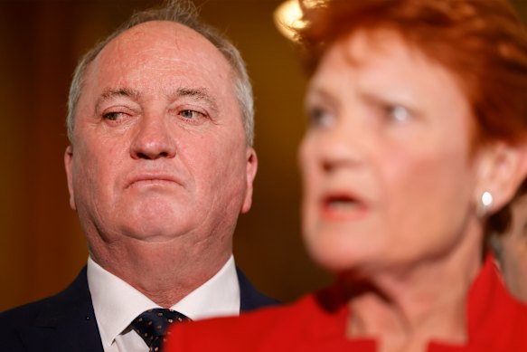 One Nation member for New England Barnaby Joyce looks on as One Nation Leader Pauline Hanson speaks during a press conference at Parliament House on May 13.