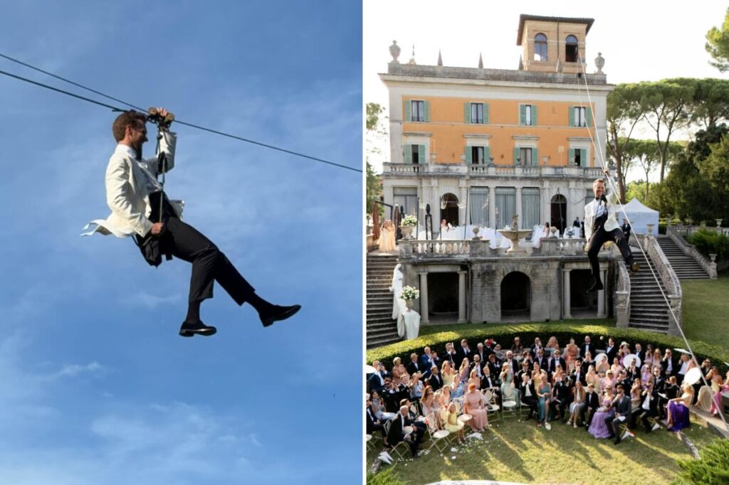 Groom spends K to zipline into wedding like James Bond Groom spends K to zipline into wedding like James Bond