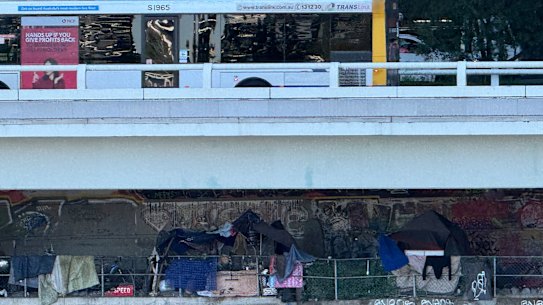 A makeshift homeless encampment under the Riverside Expressway in Brisbane CBD. 