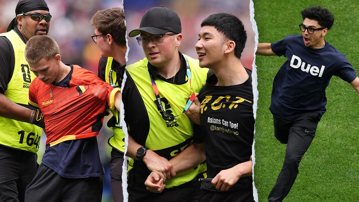 A collage shows multiple pitch invaders being chased or detained by security during Belgium’s World Cup match against Senegal.