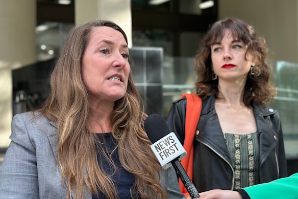 Disrupt Burrup Hub protesters Kristen Morrissey and Joana Partyka outside court in 2023.