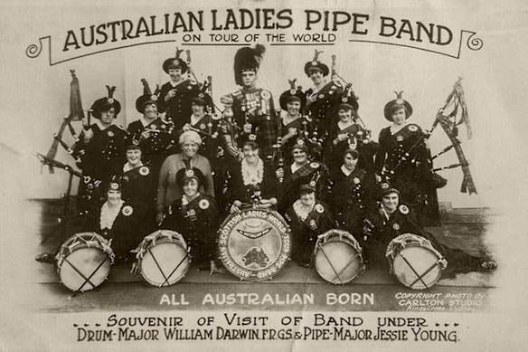 A fundraising postcard depicting the Australian Ladies Pipe Band before their 1925 to 1927 tour.
