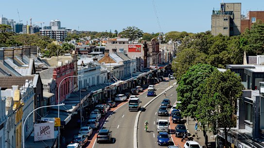Oxford St from above, looking east toward Bondi.