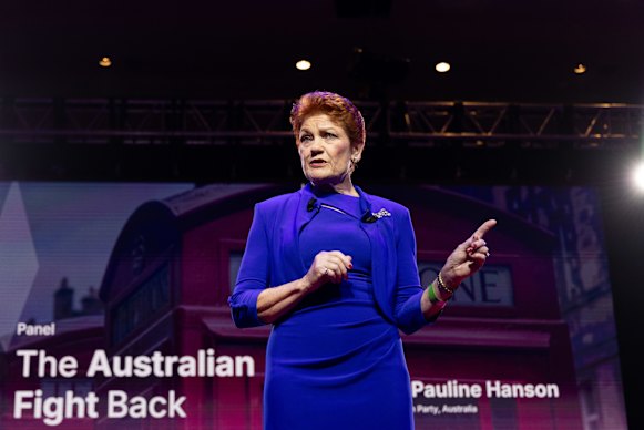 Hanson speaks at CPAC GB in London, in a room with rows of empty seats.