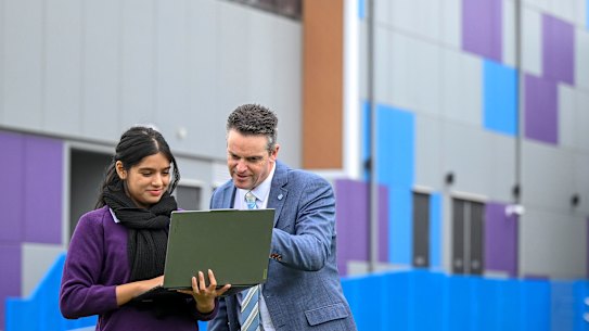 Southern Cross Grammar student Samanvi Mathur with principal Brayden Stone.