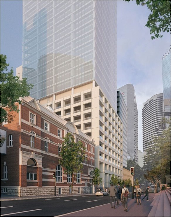 An artist impression of the new Cbus Property building planned at 280 Elizabeth Street in Brisbane, as seen from the steps of Saint Stephen’s Cathedral. 
