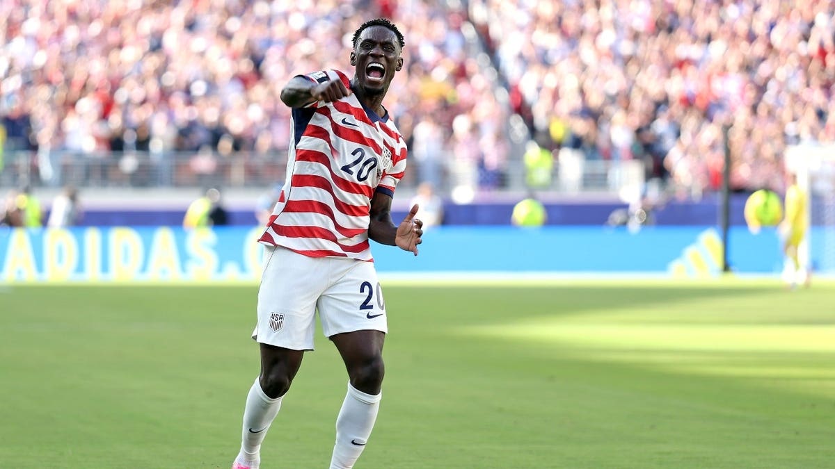 Team USA striker Folarin Balogun celebrates scoring a goal during the FIFA World Cup 2026 Round of 32 match against Bosnia and Herzegovina at Levi's Stadium in Santa Clara, California.