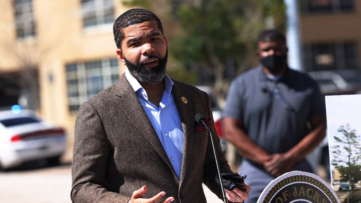Then-Jackson Mayor Chokwe Antar Lumumba speaks during a press conference on March 08, 2021 in Jackson, Mississippi.