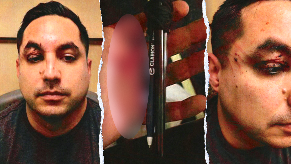 Composite U.S. Department of Justice images related to a pen knife attack on a Las Vegas flight.