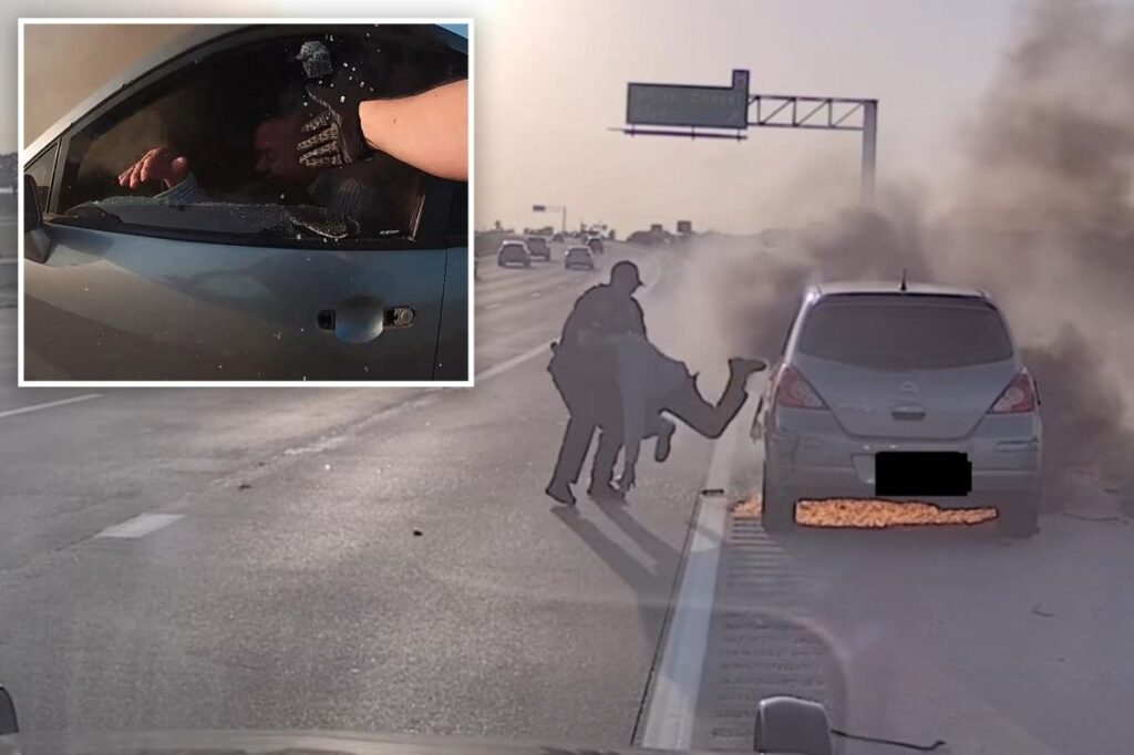 Texas cop saves driver from burning car moments before it goes up in flames: heart-stopping video Texas cop saves driver from burning car moments before it goes up in flames: heart-stopping video