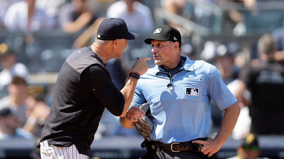 Aaron Boone argues with home plate umpire Quinn Wolcott at Yankee Stadium.