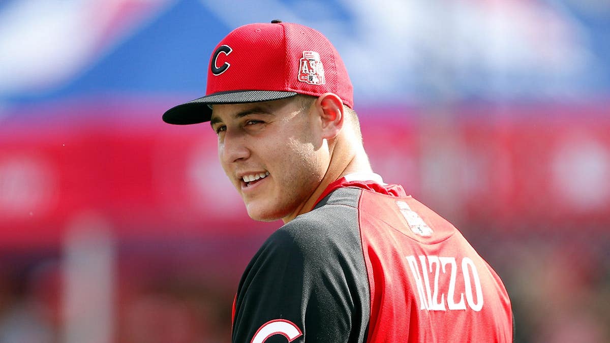 Anthony Rizzo looks on during batting practice at Great American Ball Park.
