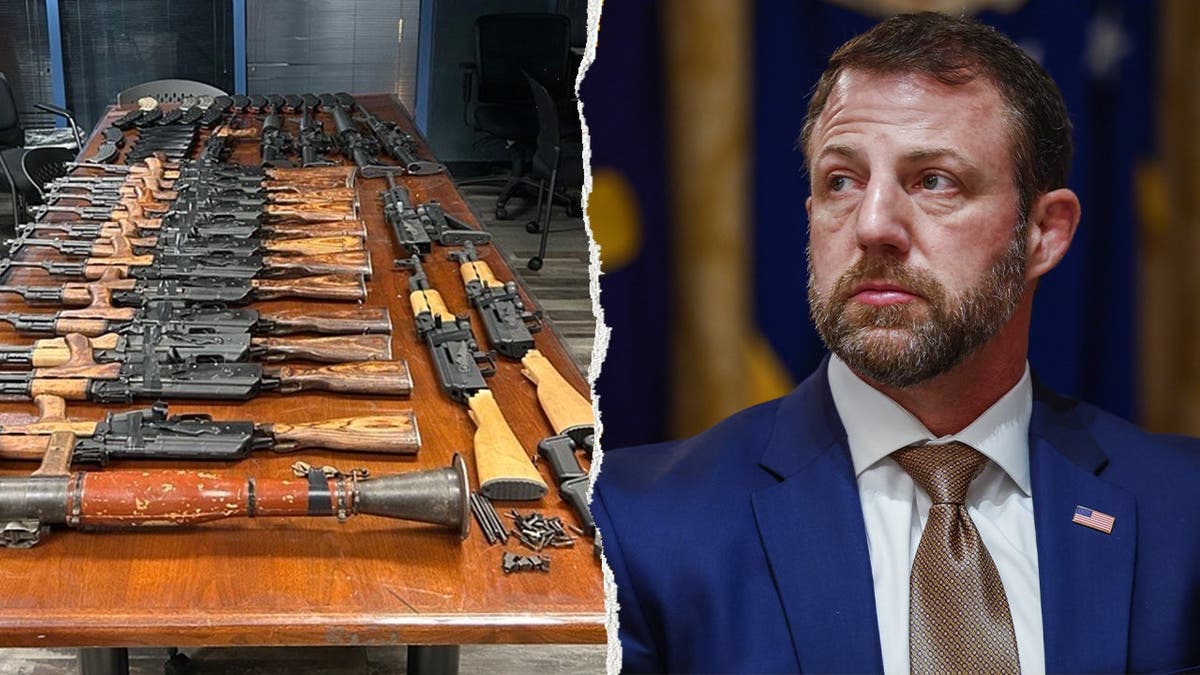 An rocket propelled grenade launcher and other weapons, left, pictured alongside Markwayne Mullin, right