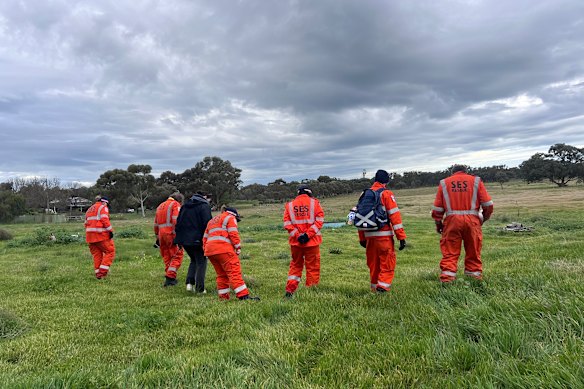 SES members combed through paddocks in Donald near Woods Street, near where remains believed to be those of Layla Jeffrey were found.