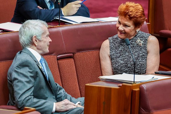 One Nation Senator Malcolm Roberts and leader Pauline Hanson at Parliament House.