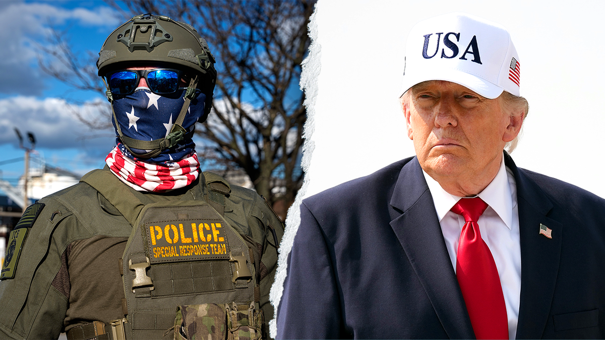Donald Trump across from a masked ICE agent
