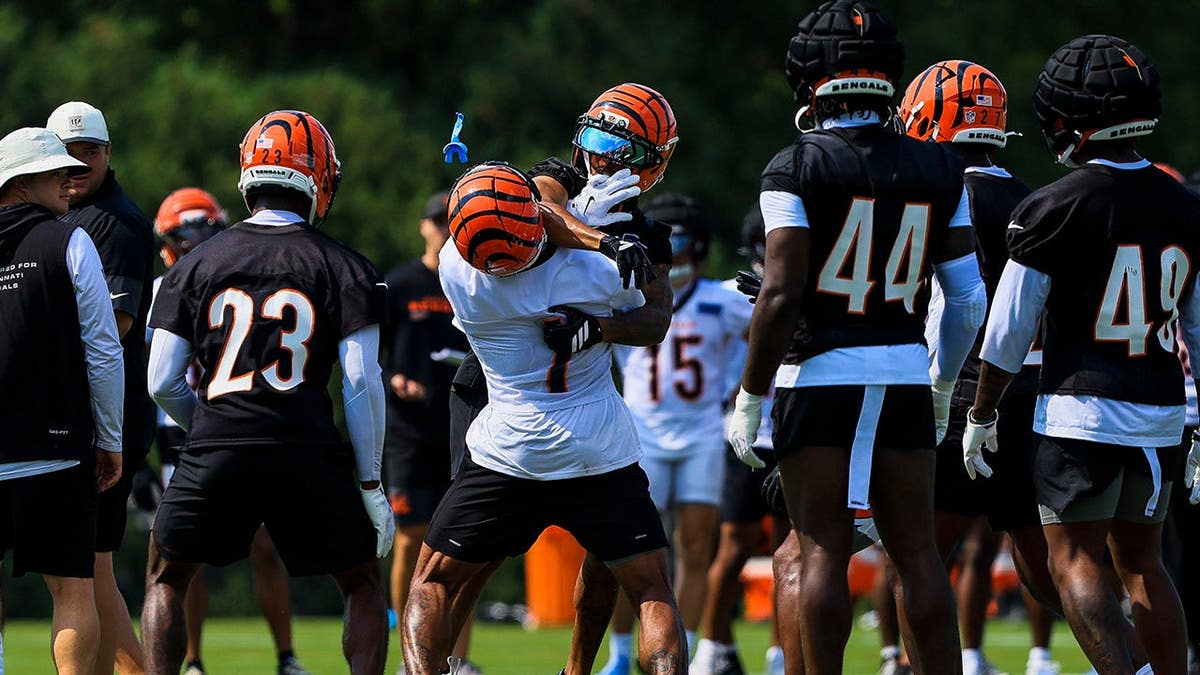 Ja'marr Chase confronts DJ Turner II during Cincinnati Bengals training camp.