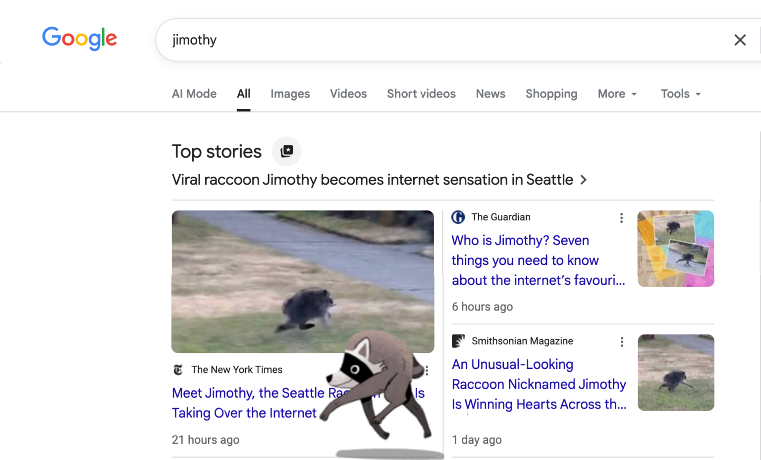 Jimothy, the Viral Raccoon, Scurries Across Your Screen in Google Animation Jimothy, the Viral Raccoon, Scurries Across Your Screen in Google Animation