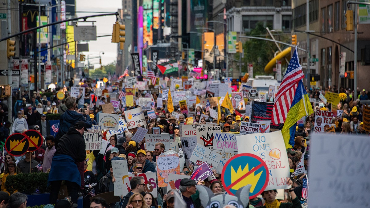 Over 100,000 people gather and march in Manhattan for the "No Kings" protest in New York Cityon Oct. 18, 2025.
