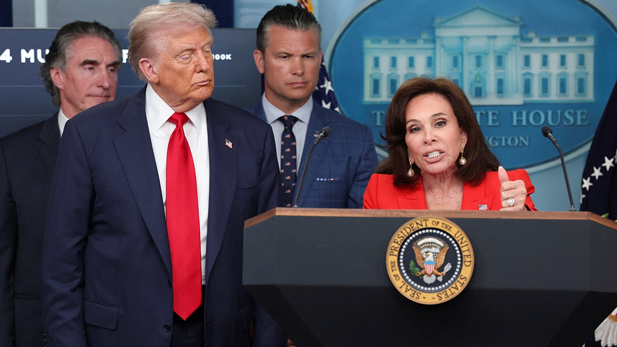 President Donald Trump and U.S. Attorney Jeanine Ferris Pirro speaking in the White House Press Briefing Room
