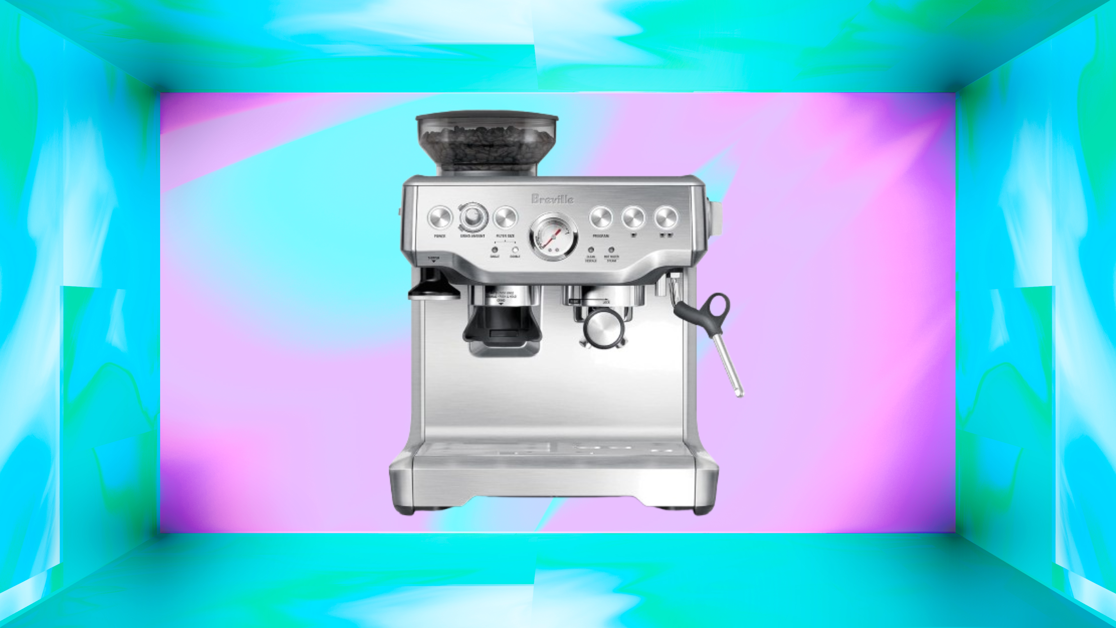 breville barista express espresso machine on pink and blue background