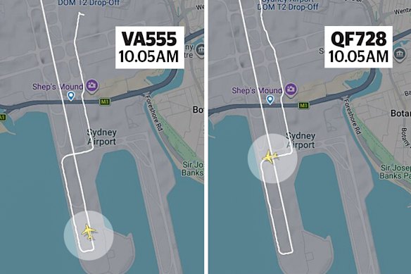 Flightradar24 shows the latest near miss to be made public: The Virgin 737 is beginning its take-off as the Qantas 737 crosses runway 34L at Sydney Airport.
