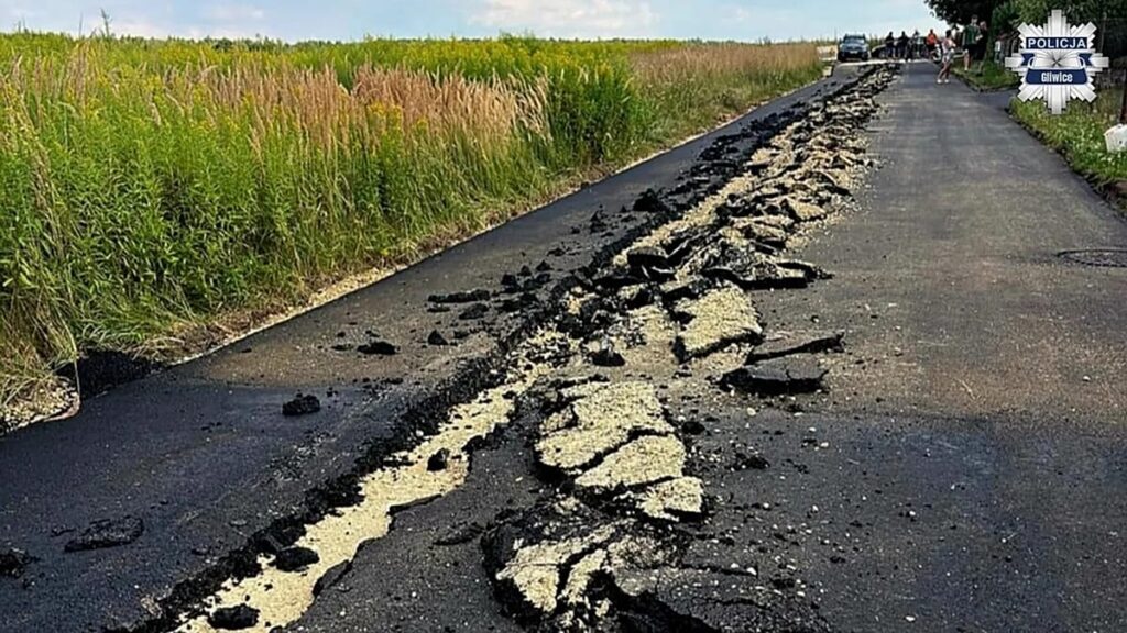 Man in Poland drives tractor onto fresh asphalt, churning up road