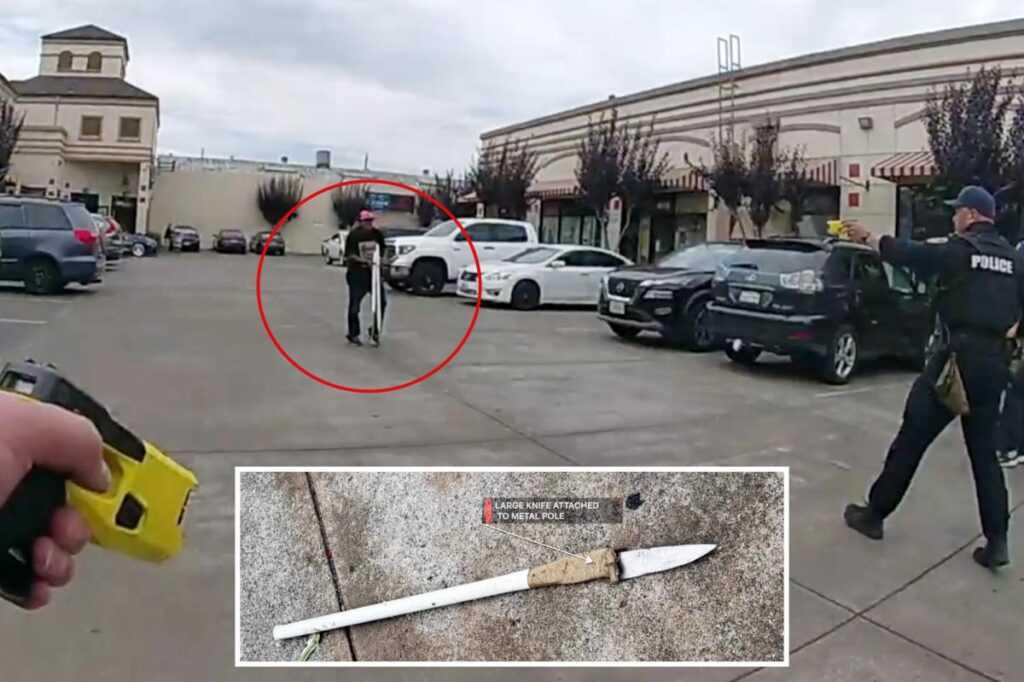 Dramatic moment police gun down spear-wielding maniac on California street Dramatic moment police gun down spear-wielding maniac on California street