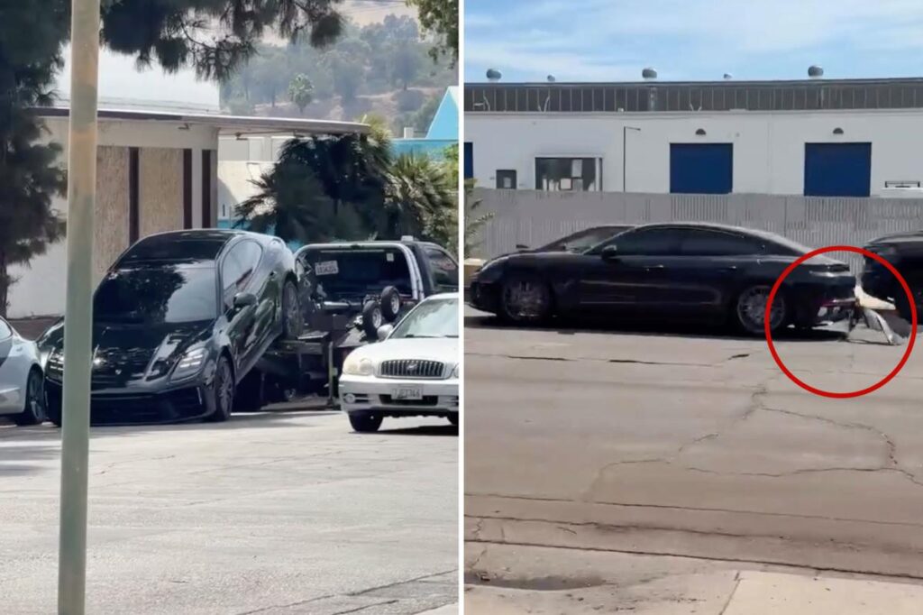 Wild moment LA Porsche owner speeds off in his car mid-tow, leaving bumper behind in frantic escape Wild moment LA Porsche owner speeds off in his car mid-tow, leaving bumper behind in frantic escape