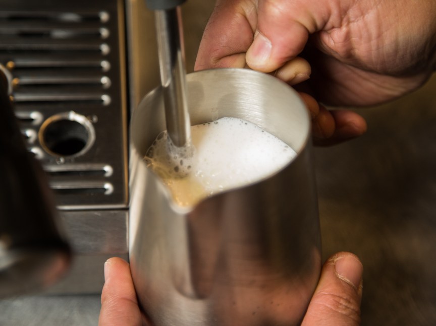 A steel pitcher holds milk being steamed. Lots of steam power makes frothing milk simple and quick.