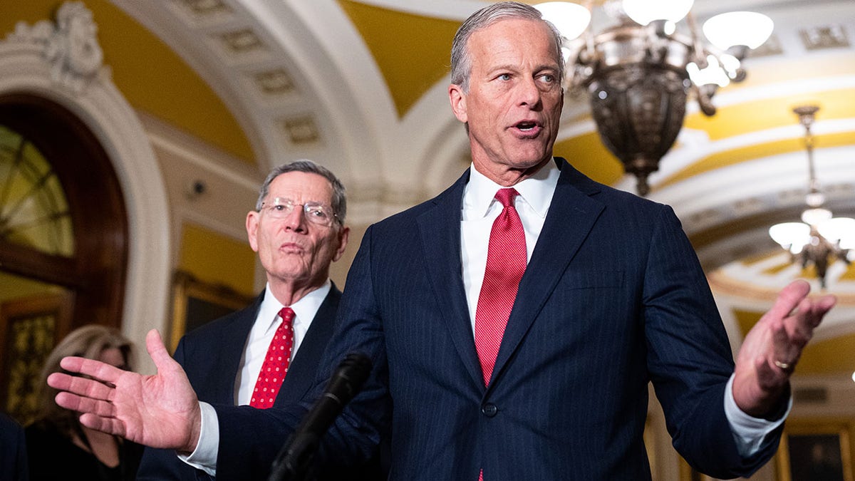 Senate Majority Leader John Thune, R-S.D., and Senate Majority Whip John Barrasso, R-Wyo.