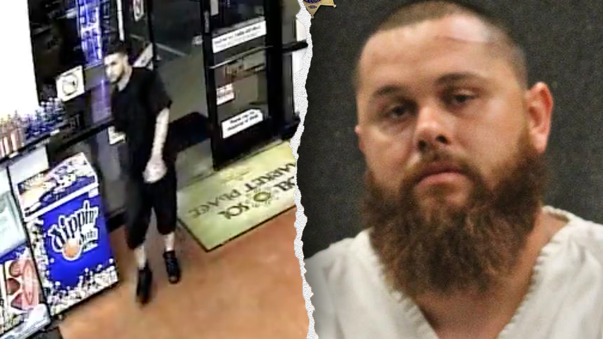A split image shows a still frame taken from surveillance video of an unidentified male suspect on the left and wanted 33-year-old Alex James Barnett on the right