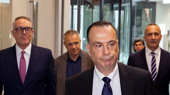 Foxtel CEO Patrick Delaney, Nine CEO Matt Stanton, Australian Rugby League Commission Chairman Peter V’Landys and outgoing NRL CEO Andrew Abdo arrive for a press conference to announce a multibillion-dollar NRL broadcasting agreement with Foxtel and Nine Entertainment in Sydney on July 7.