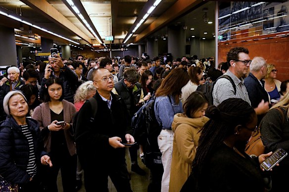 Crowds of commuters queue to enter platforms for the Metro train line at Chatswood on Tuesday morning.