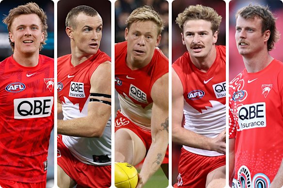Sydney Swans players (from left) James Jordon, Chad Warner, Isaac Heeney, Riley Bice and Nick Blakey have been suspended for the rest of the season.