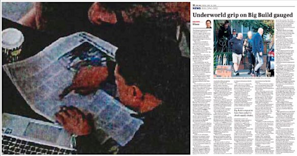 CCTV stills show William Samra, meeting with Gary Samuel at a Brisbane cafe last year, reading a printed copy of The Age.